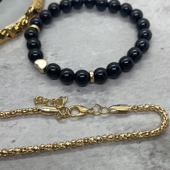Boho Chic Black Marble Beaded Layering Bracelet Set - Picture 10 of 13
